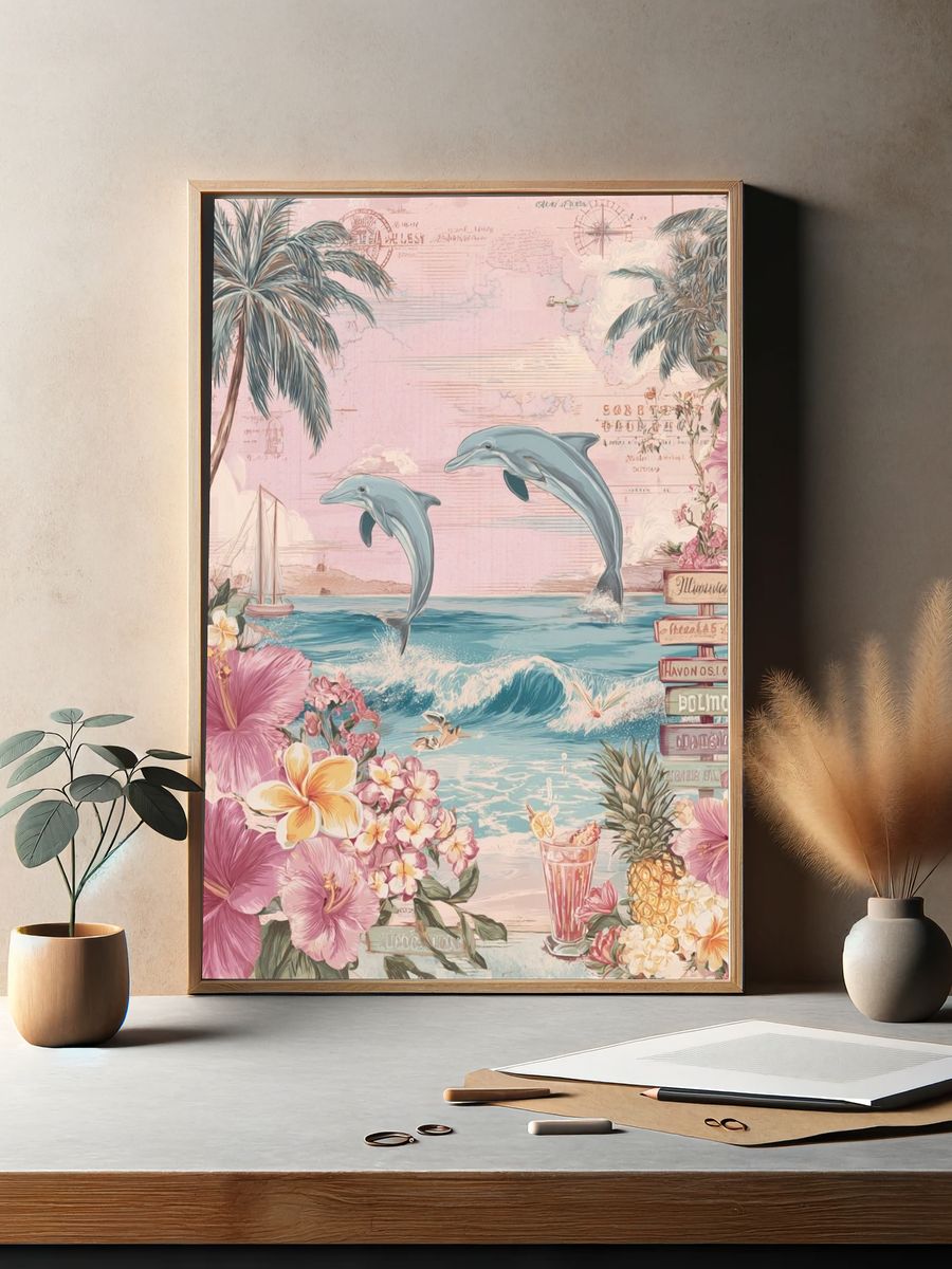 Tropical Dolphins and Flowers Poster. — room view 2