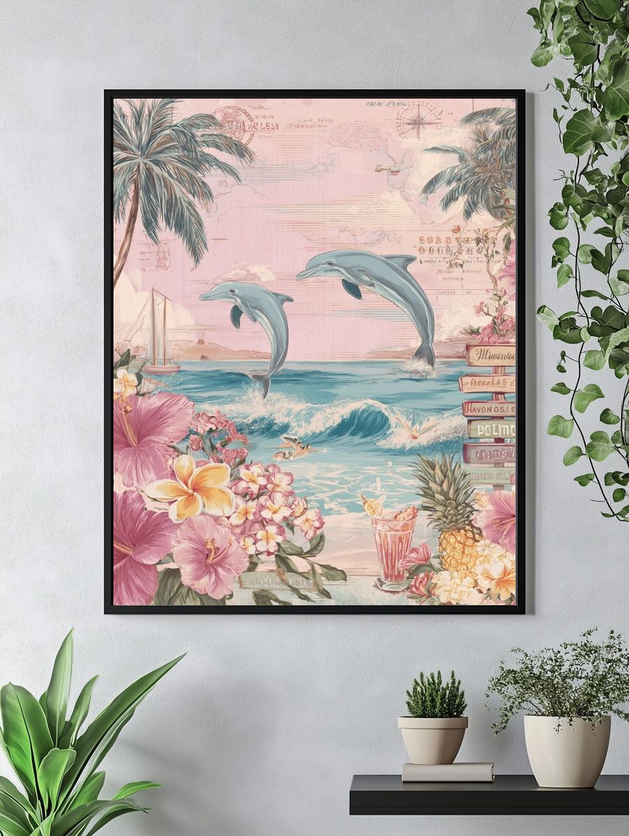 Tropical Dolphins and Flowers Poster. — room view 4
