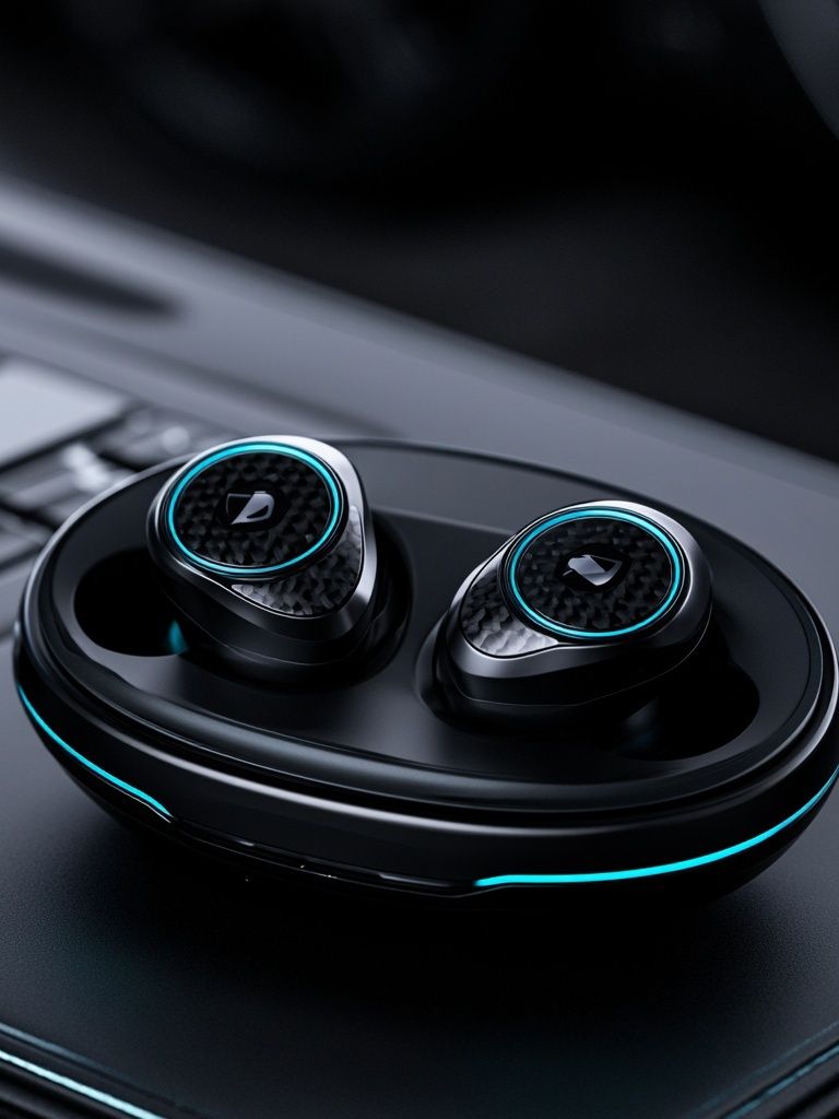 Futuristic Wireless Earbuds Photography Poster. poster detail
