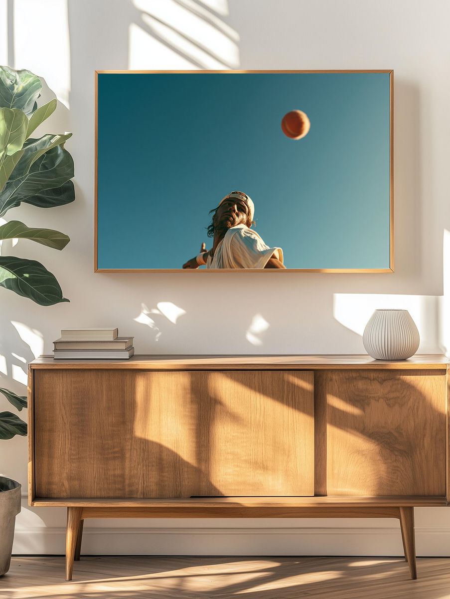 Tennis Serve Under Blue Sky Poster. — room view 3