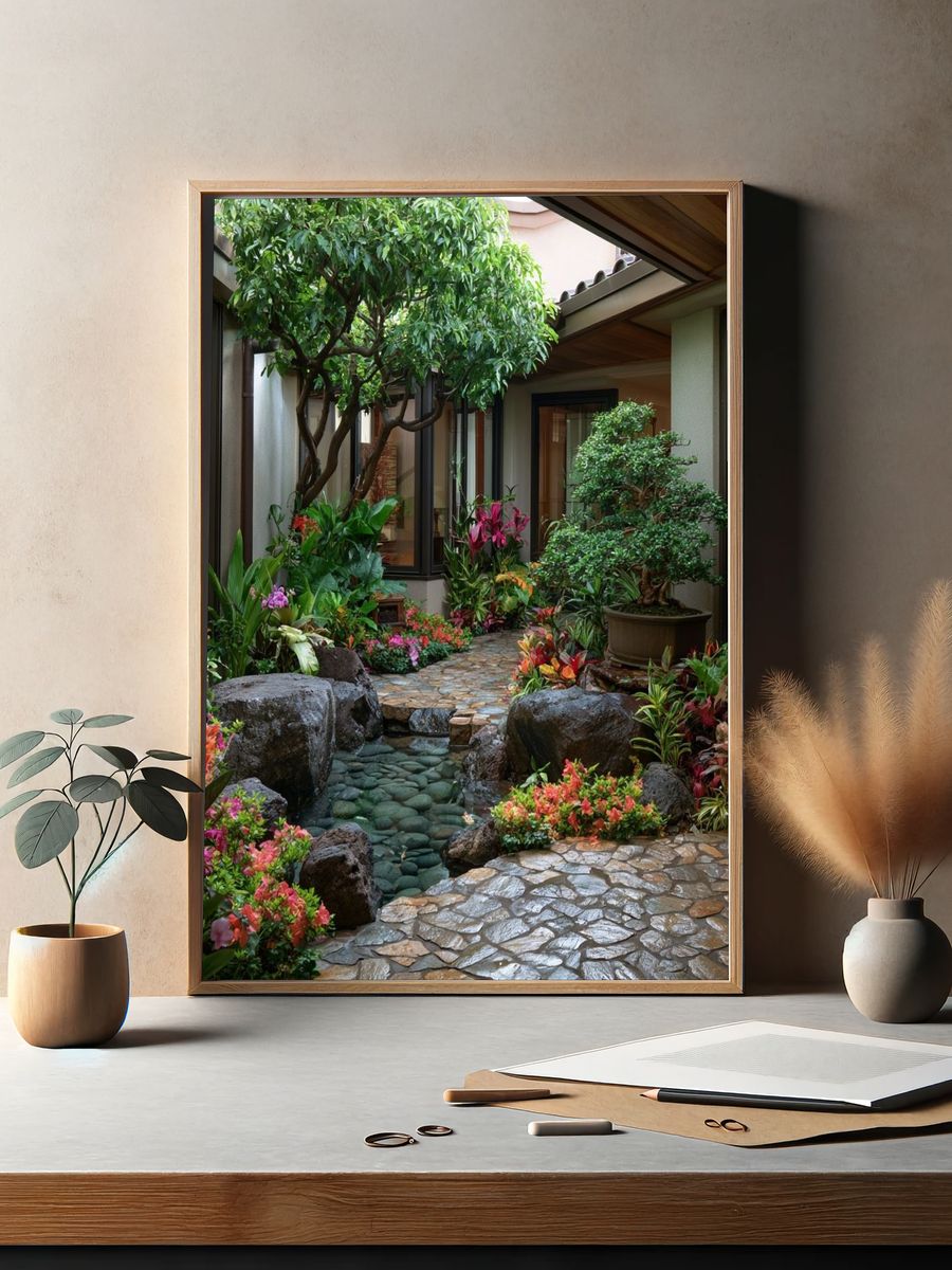 Tropical Courtyard Garden Photography Poster. — room view 2