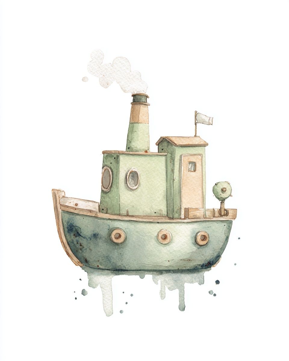 Whimsical Tugboat Watercolor Poster. poster detail