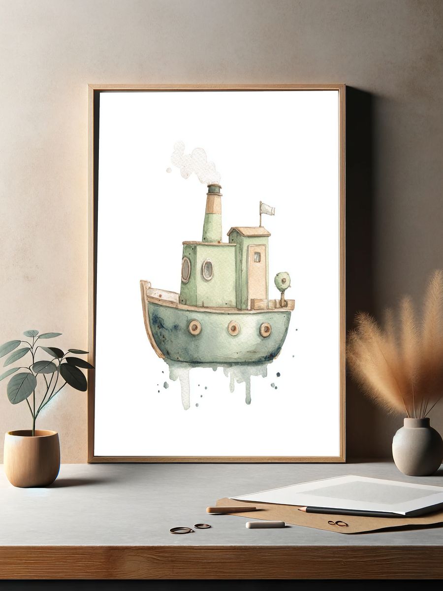 Whimsical Tugboat Watercolor Poster. — room view 2