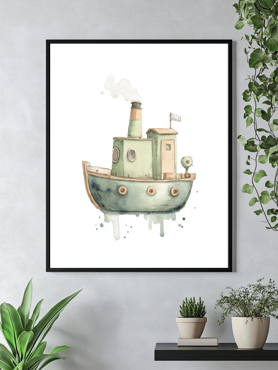 Whimsical Tugboat Watercolor Poster. — room view 4