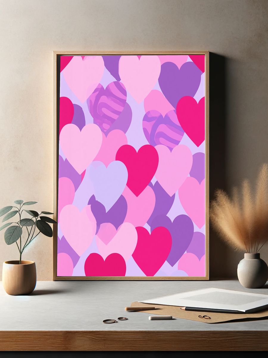 Pink Hearts Pattern Typography Poster. — room view 2