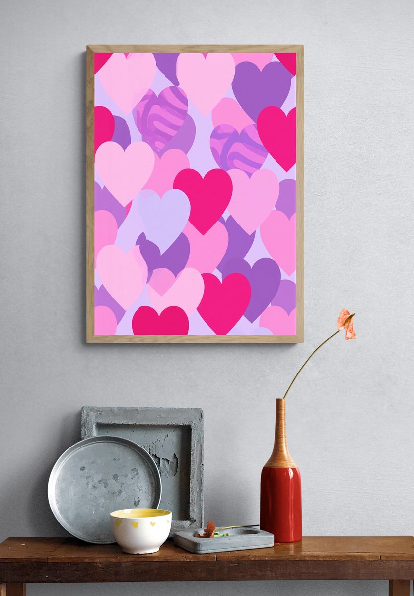 Pink Hearts Pattern Typography Poster. — room view 3