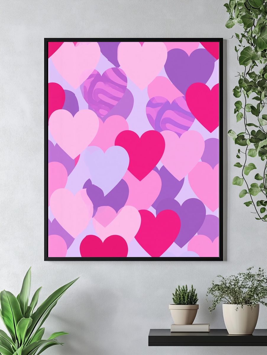 Pink Hearts Pattern Typography Poster. — room view 4