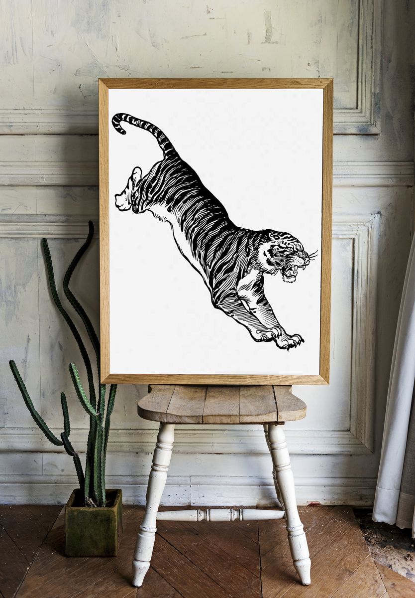 Jumping tiger, vintage animal illustration. room preview