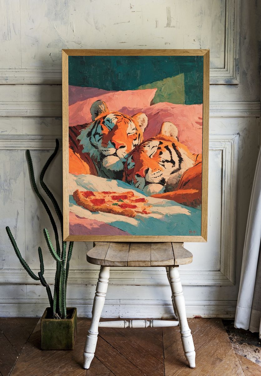 Sleeping Tigers with Pizza — Illustration Print. — room view 1