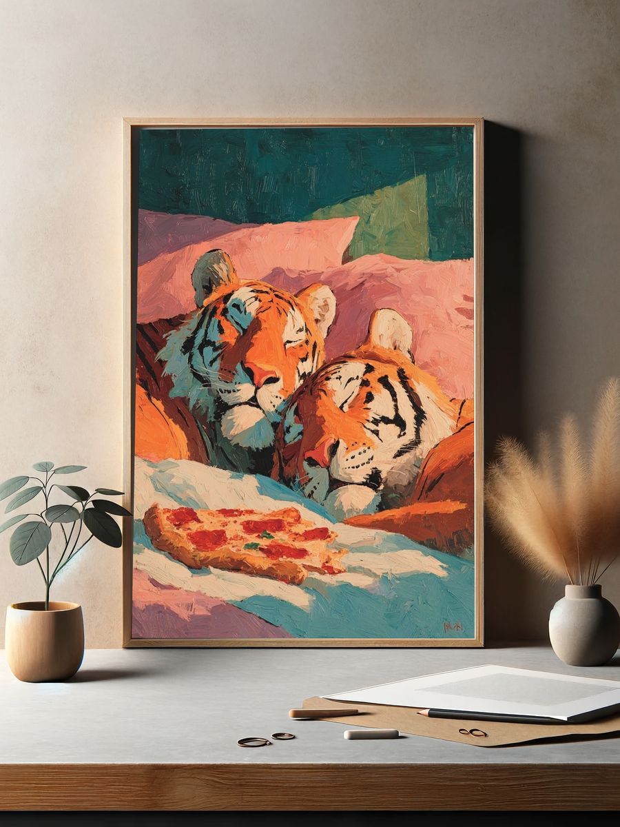 Sleeping Tigers with Pizza — Illustration Print. — room view 2