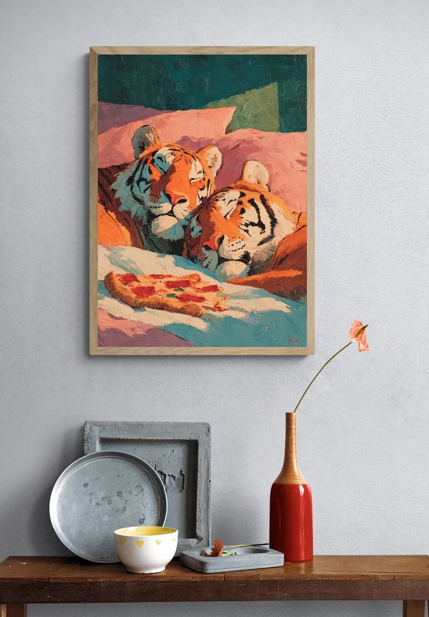 Sleeping Tigers with Pizza — Illustration Print. — room view 3