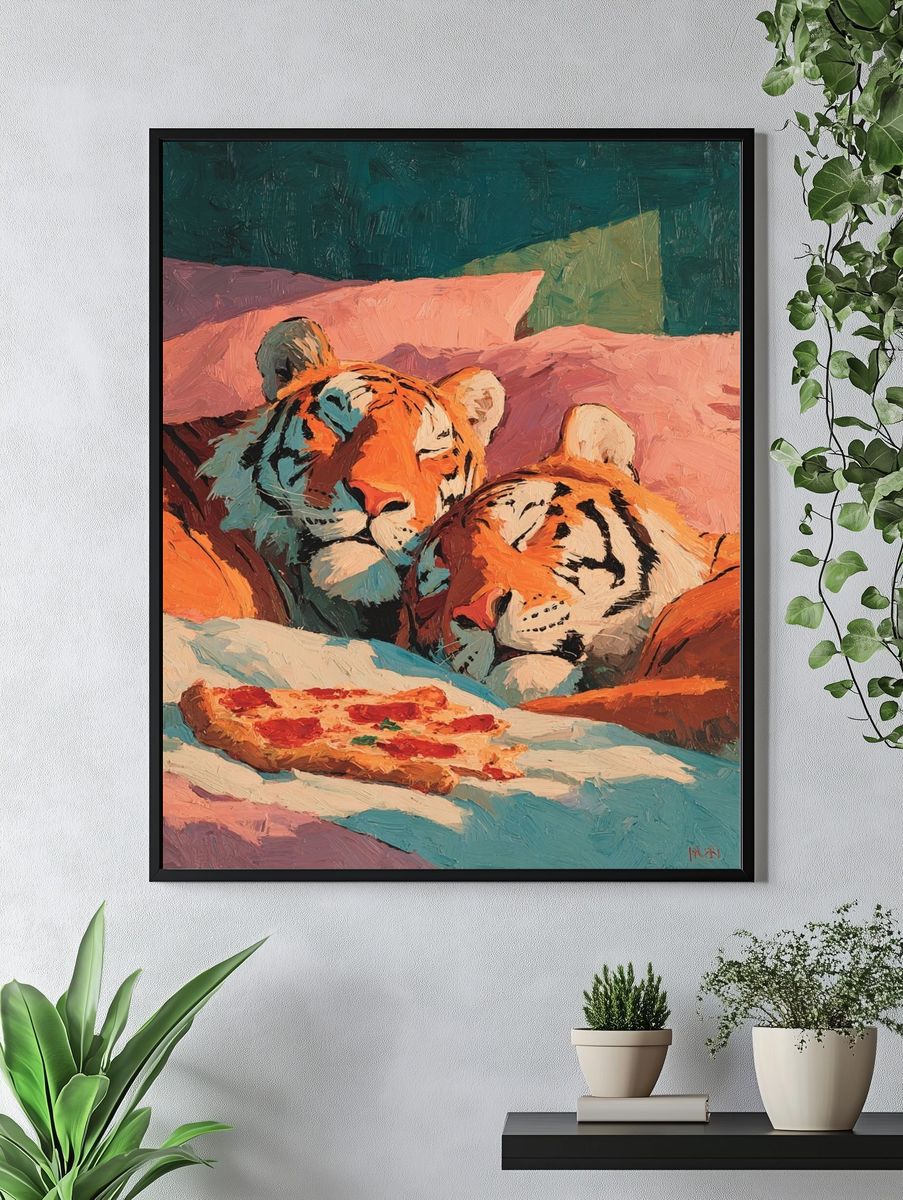 Sleeping Tigers with Pizza — Illustration Print. — room view 4