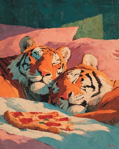 Sleeping Tigers with Pizza — Illustration Print. poster print