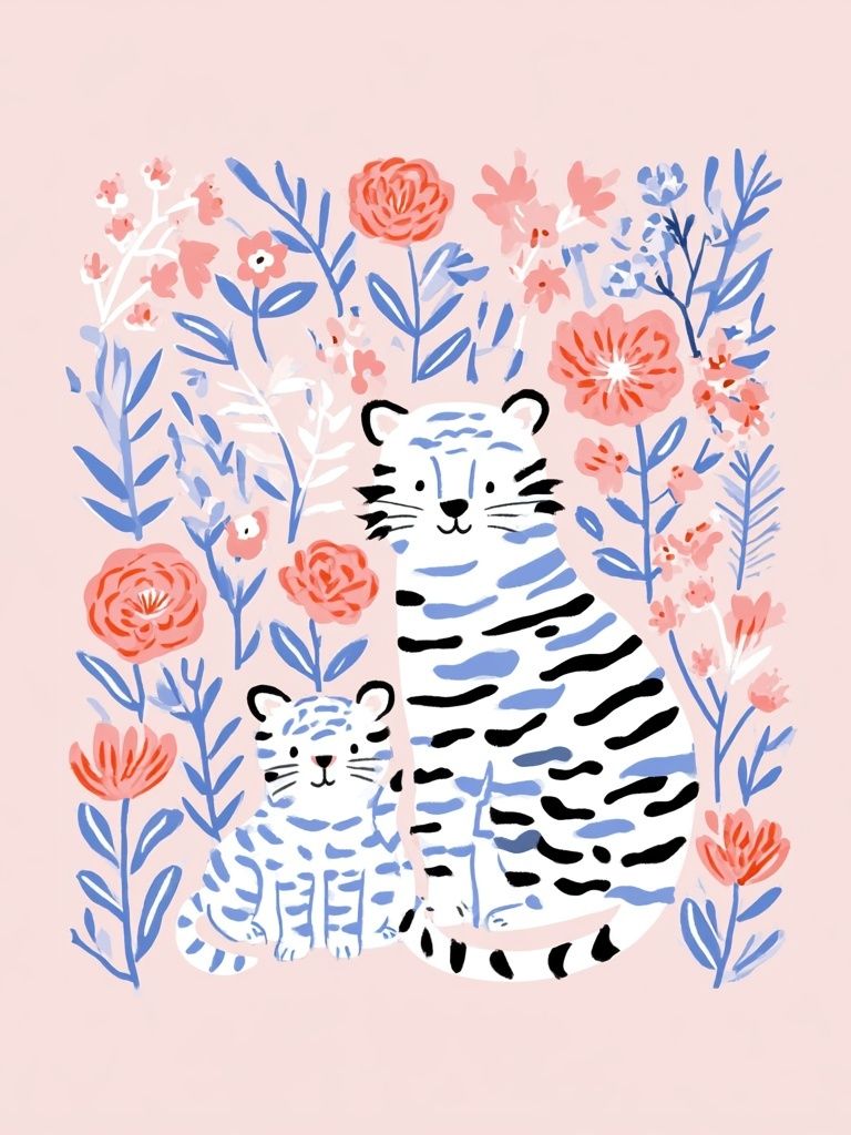 Tiger Family Floral Illustration Poster. poster — illustration art