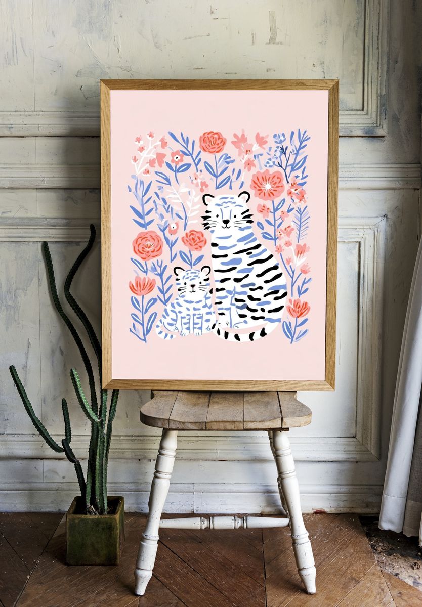 Tiger Family Floral Illustration Poster. — room view 1