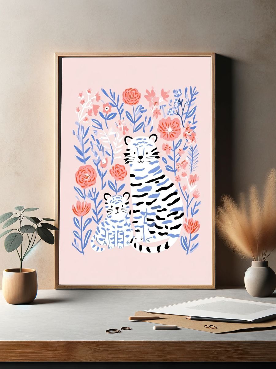 Tiger Family Floral Illustration Poster. — room view 2