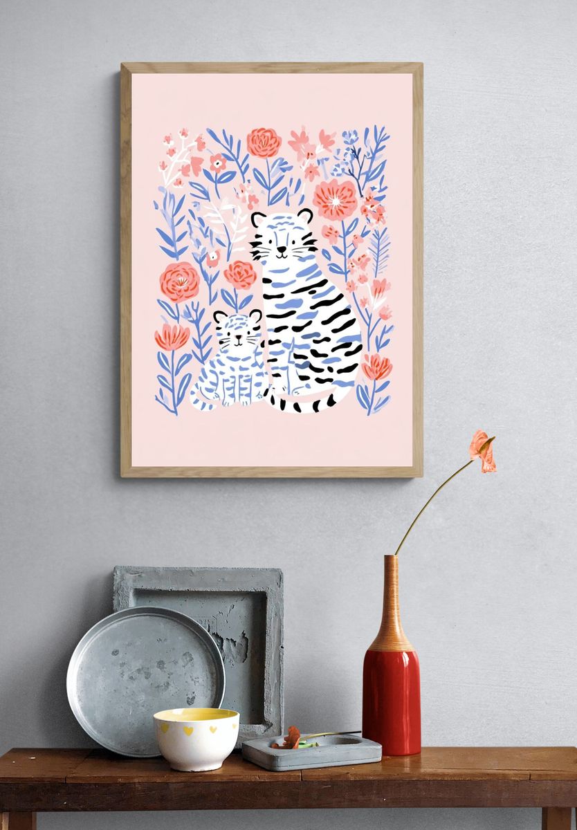 Tiger Family Floral Illustration Poster. — room view 3