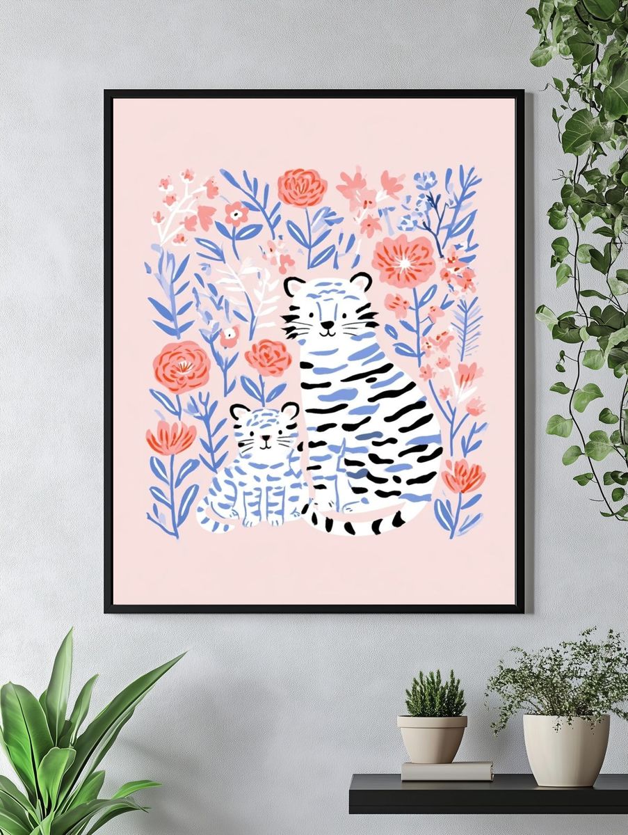 Tiger Family Floral Illustration Poster. — room view 4