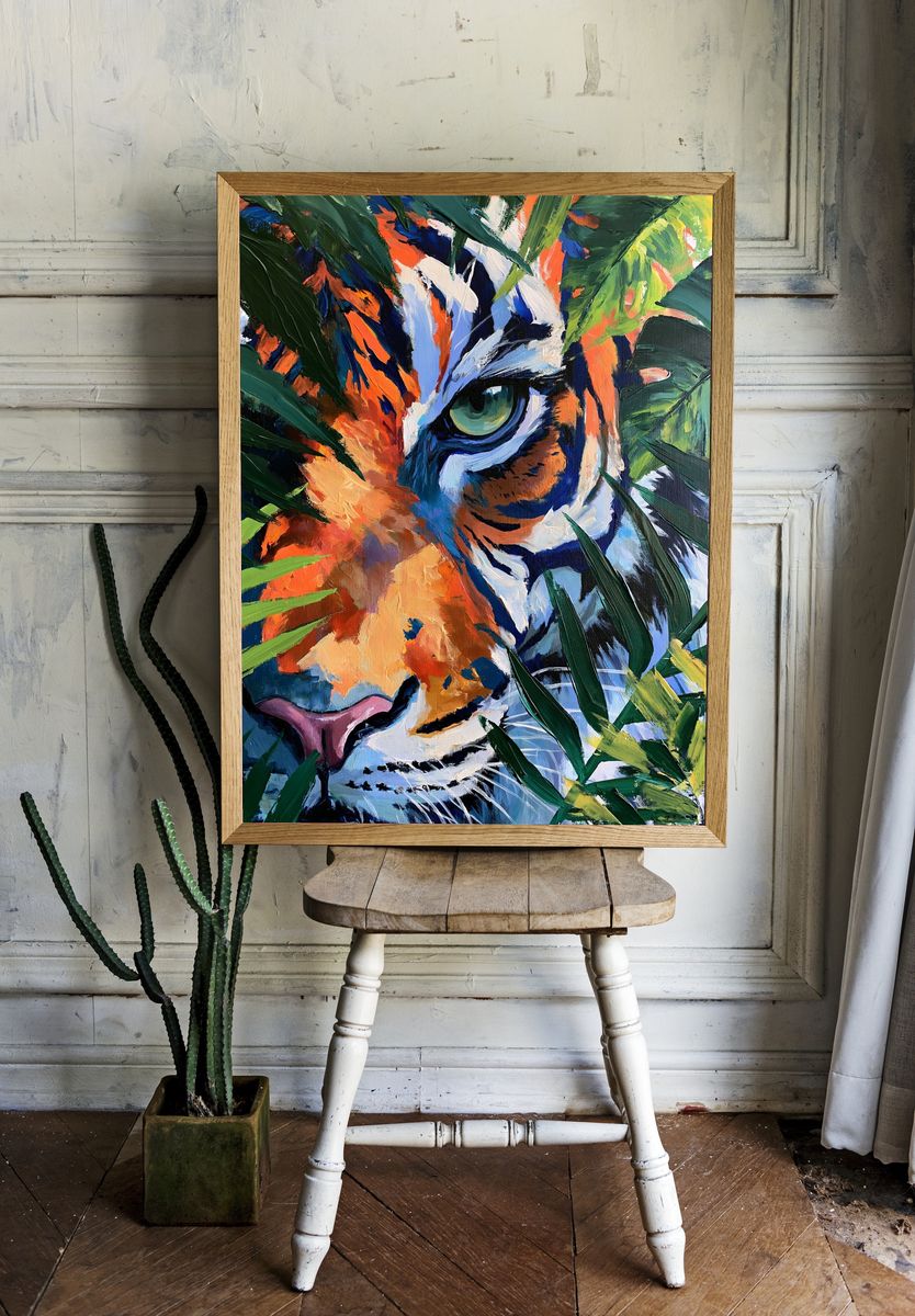 Tiger Jungle Portrait Print. room preview