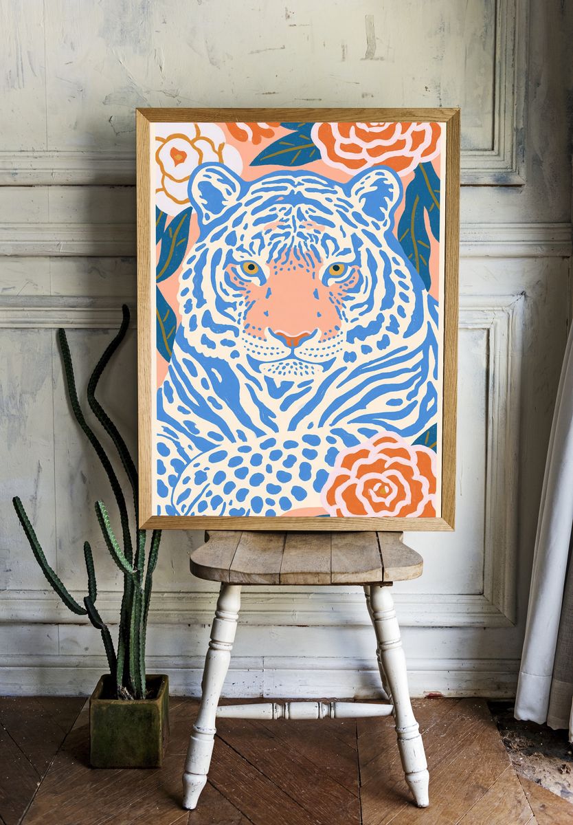 Blue Tiger Floral Illustration Poster. room preview