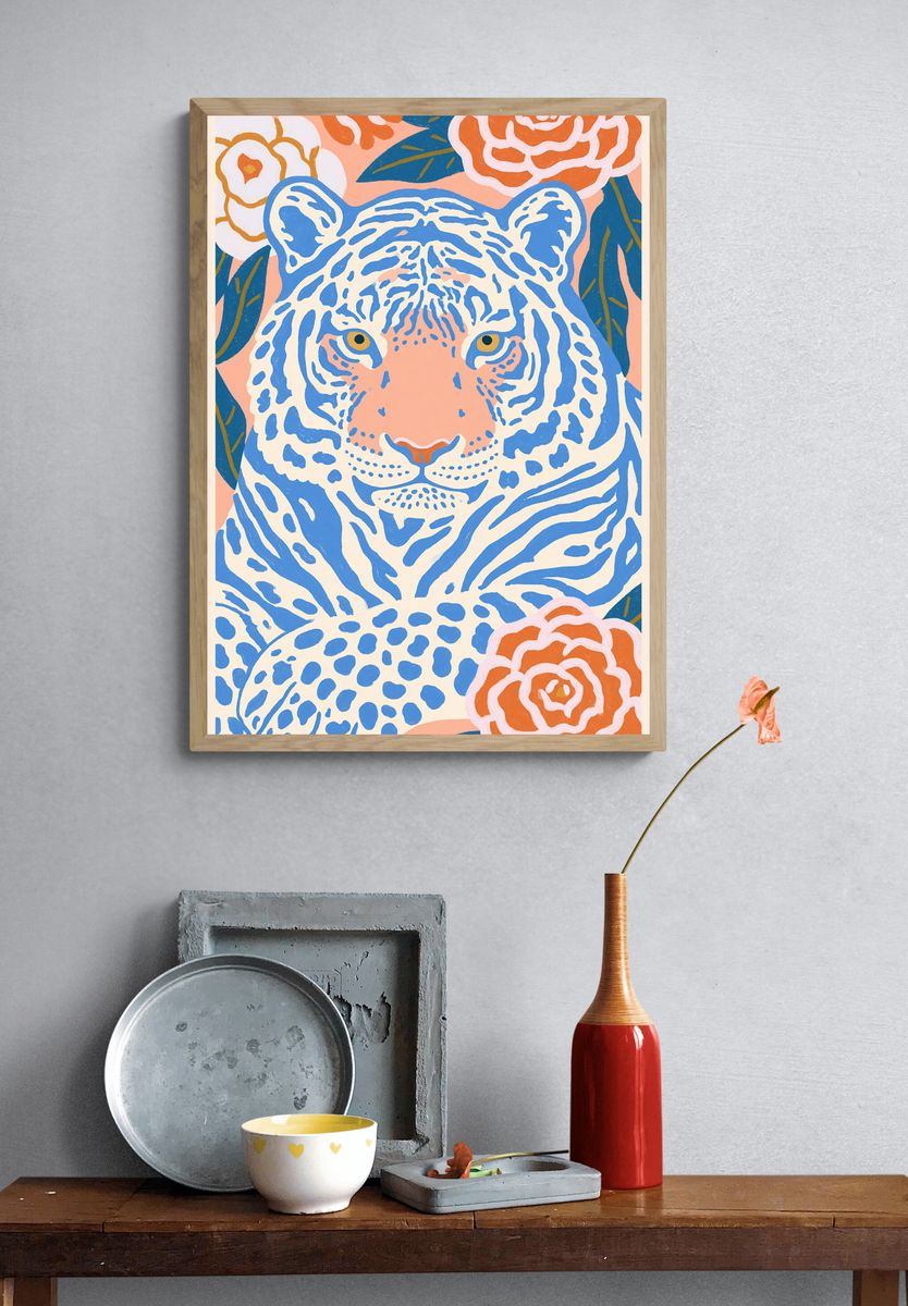 Blue Tiger Floral Illustration Poster. — room view 3