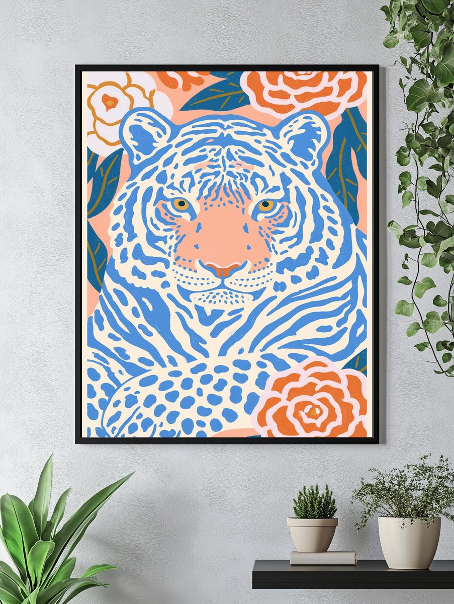 Blue Tiger Floral Illustration Poster. — room view 4