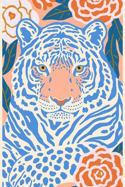 Blue Tiger Floral Illustration Poster.