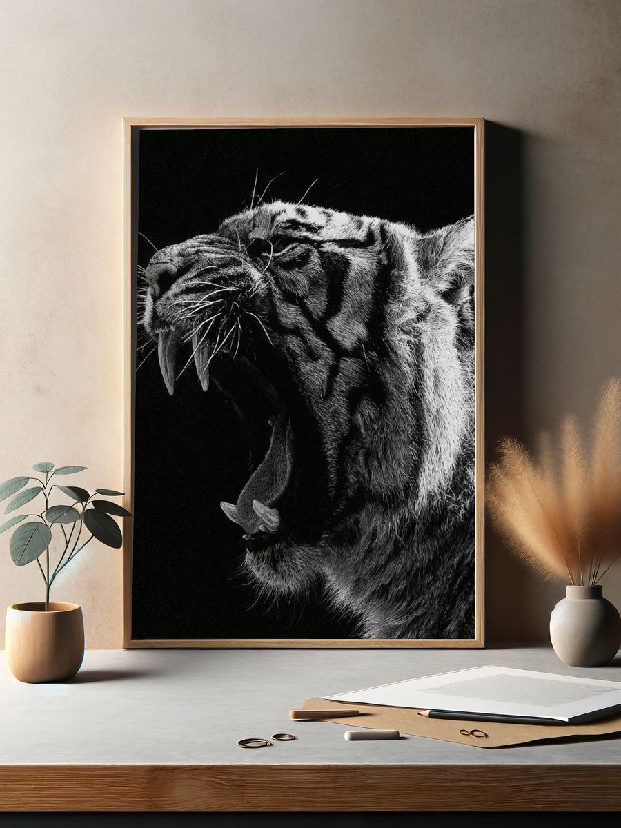 Roaring Tiger Black-White Poster. — room view 2