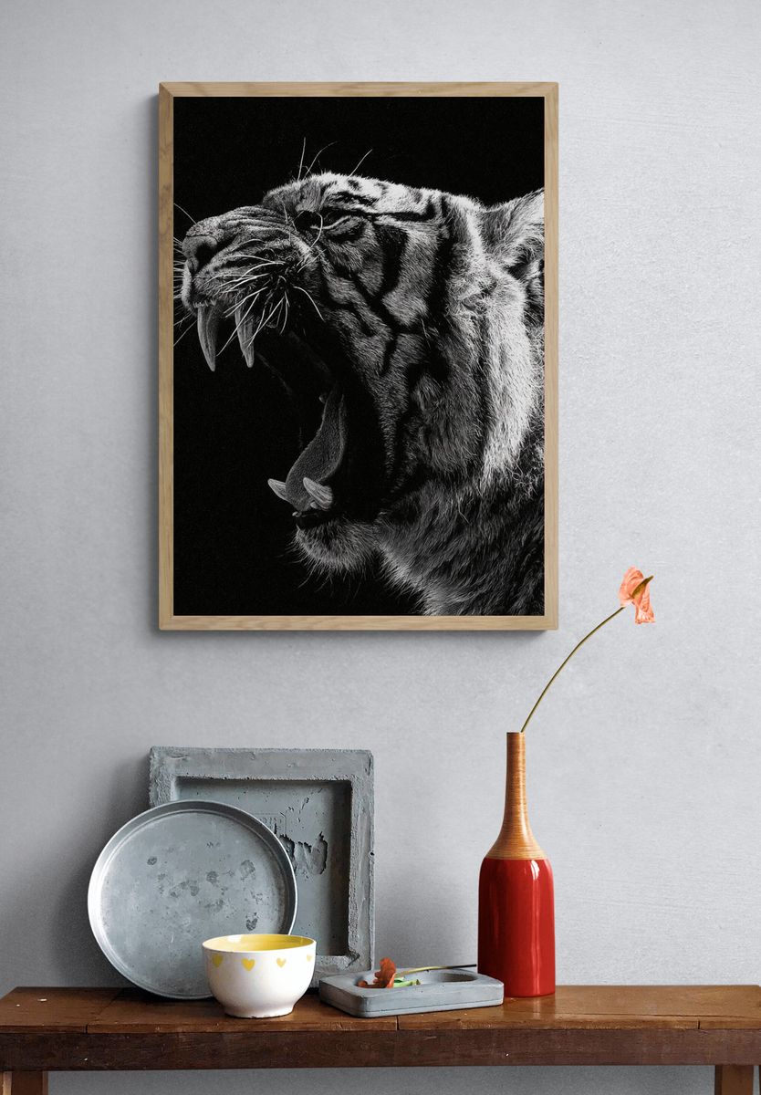 Roaring Tiger Black-White Poster. — room view 3
