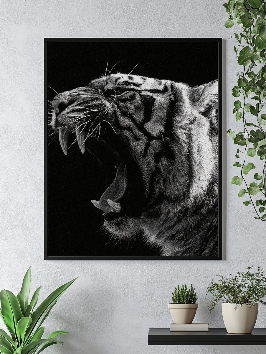 Roaring Tiger Black-White Poster. — room view 4