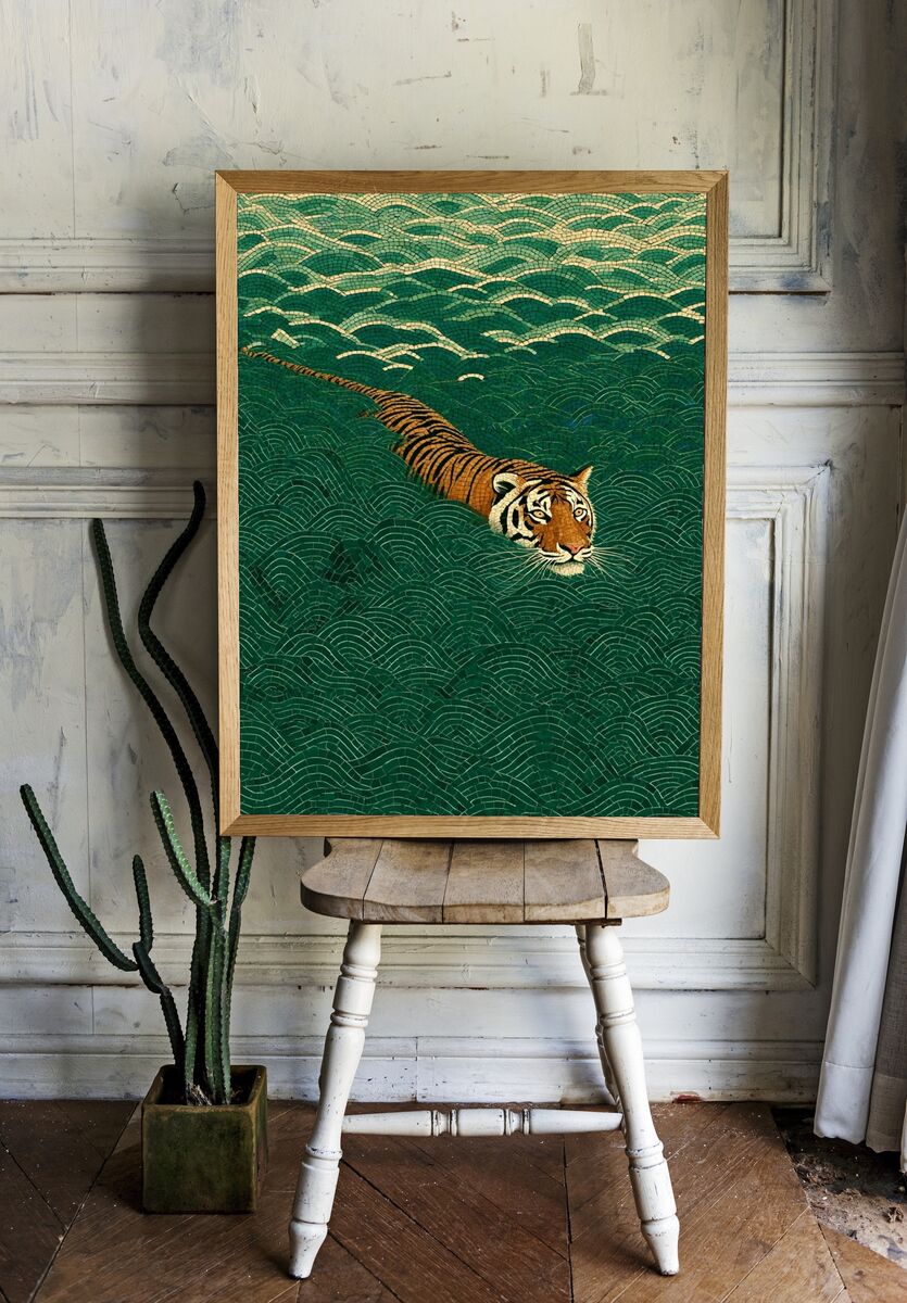 Tiger Swimming in Waves — Illustration Print. — room view 1