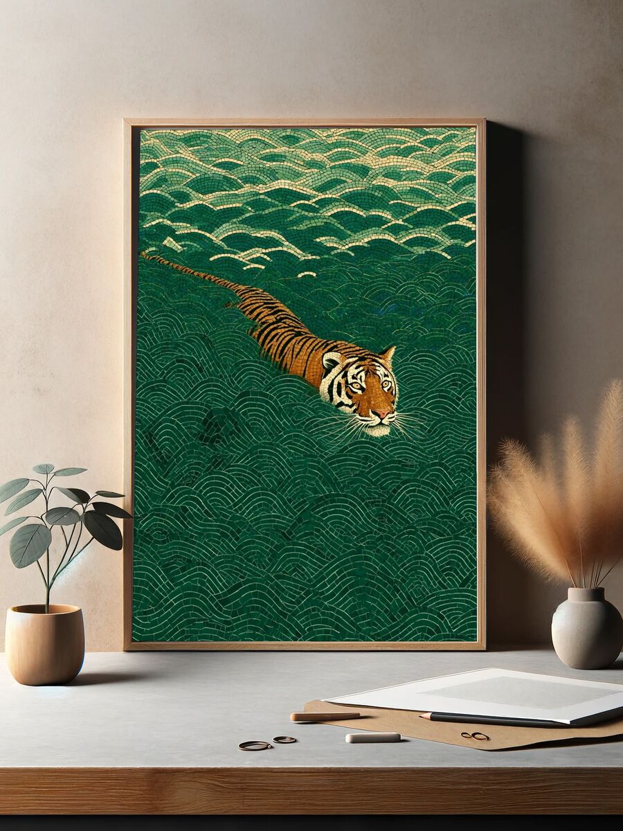 Tiger Swimming in Waves — Illustration Print. — room view 2