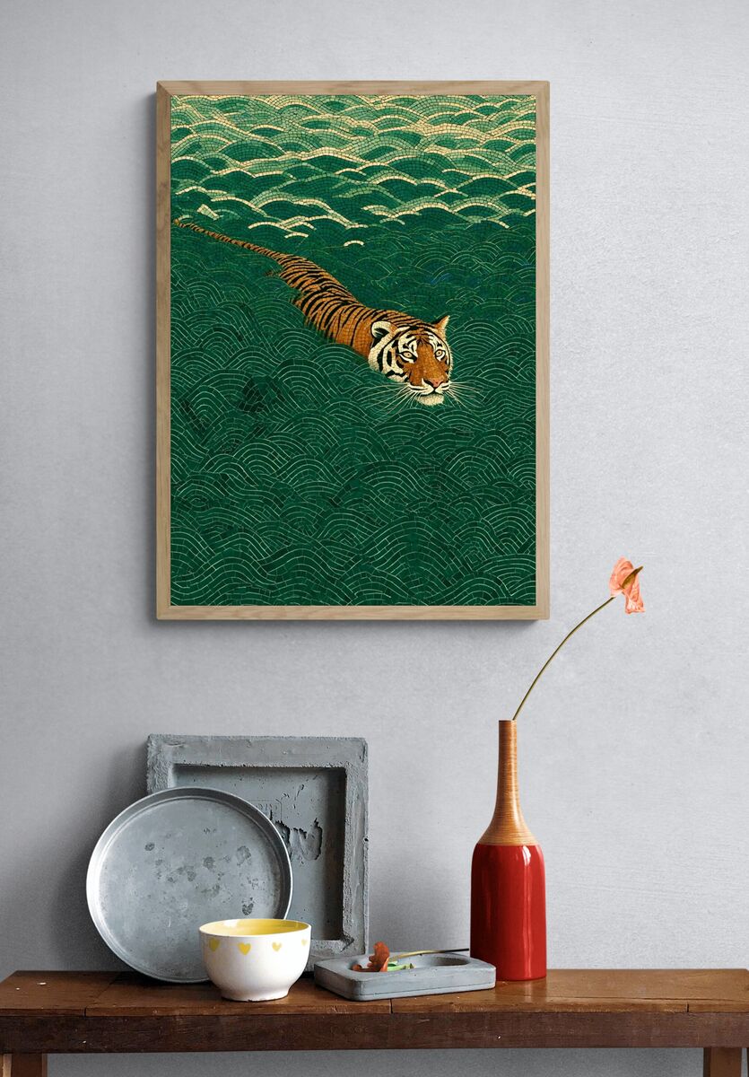 Tiger Swimming in Waves — Illustration Print. — room view 3