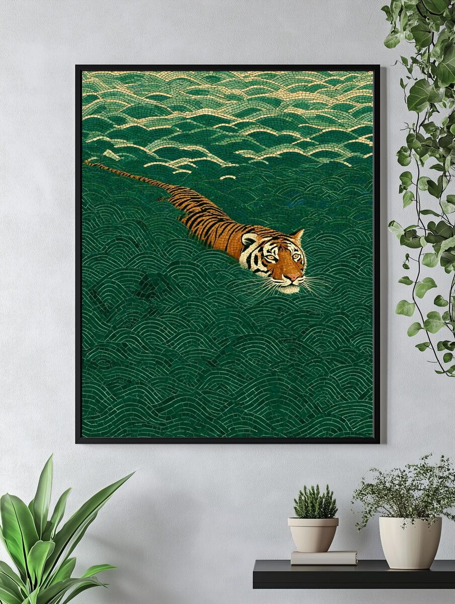 Tiger Swimming in Waves — Illustration Print. — room view 4