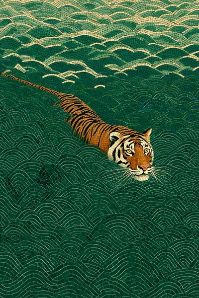 Tiger Swimming in Waves