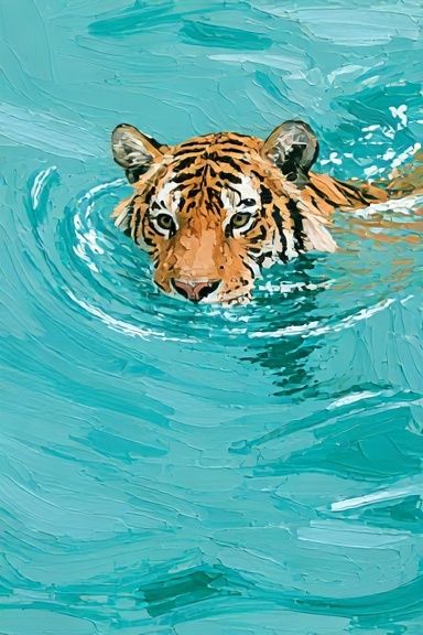 Tiger in Turquoise Water Illustration Poster. poster detail