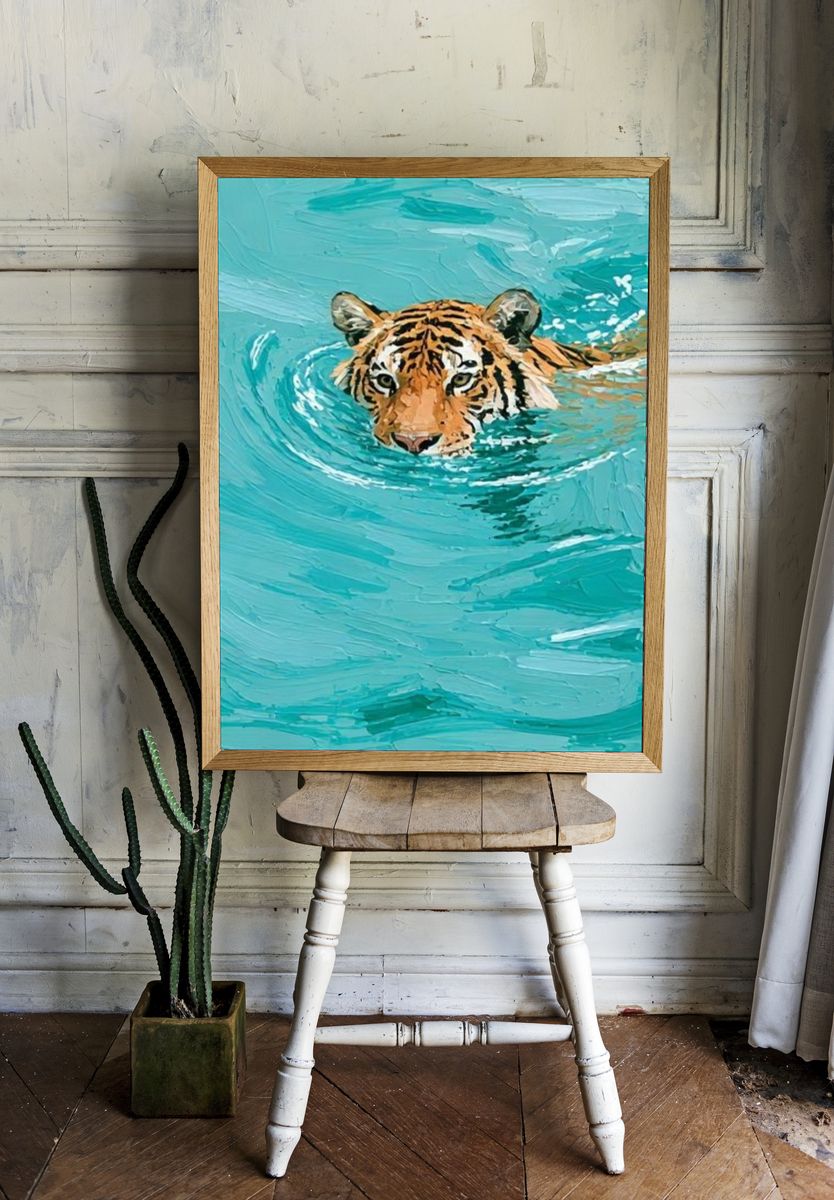 Tiger in Turquoise Water Illustration Poster. — room view 1