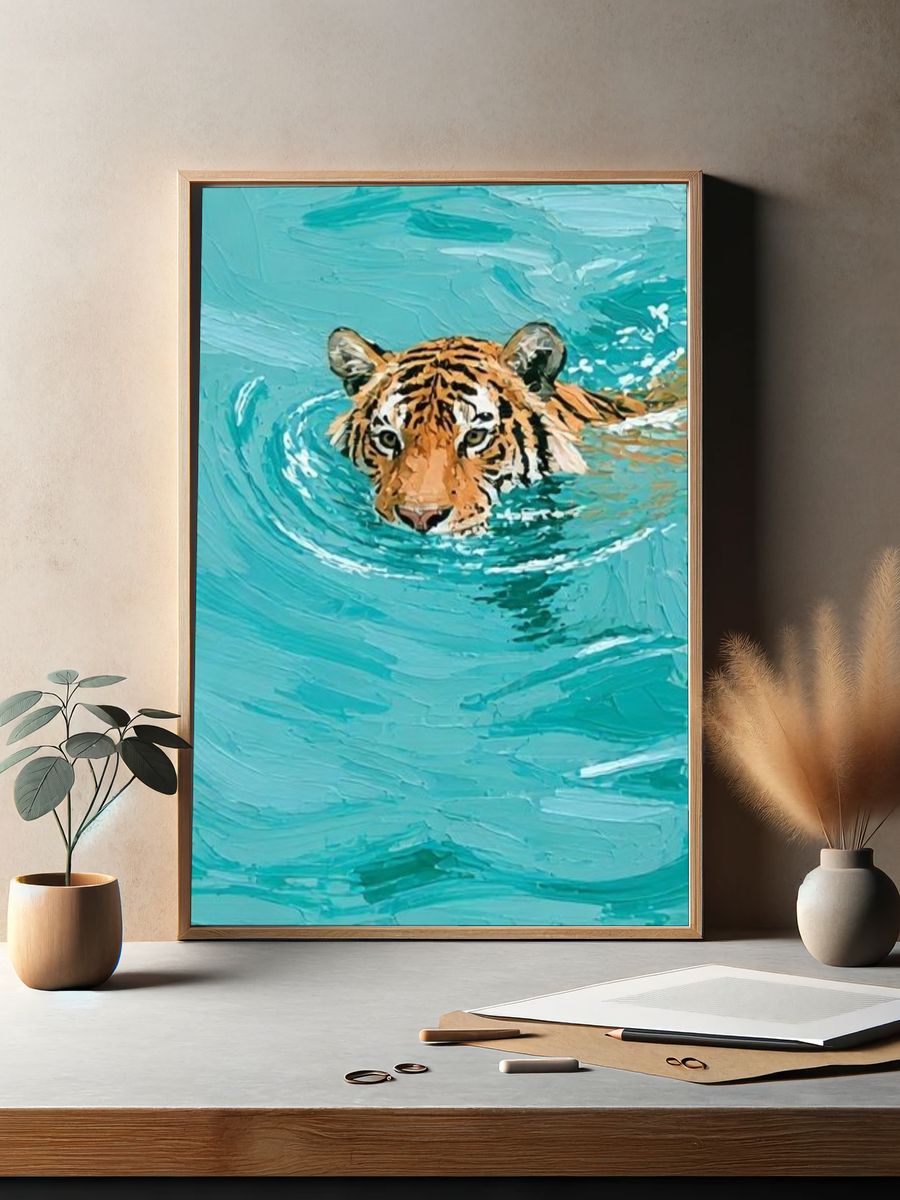 Tiger in Turquoise Water Illustration Poster. — room view 2