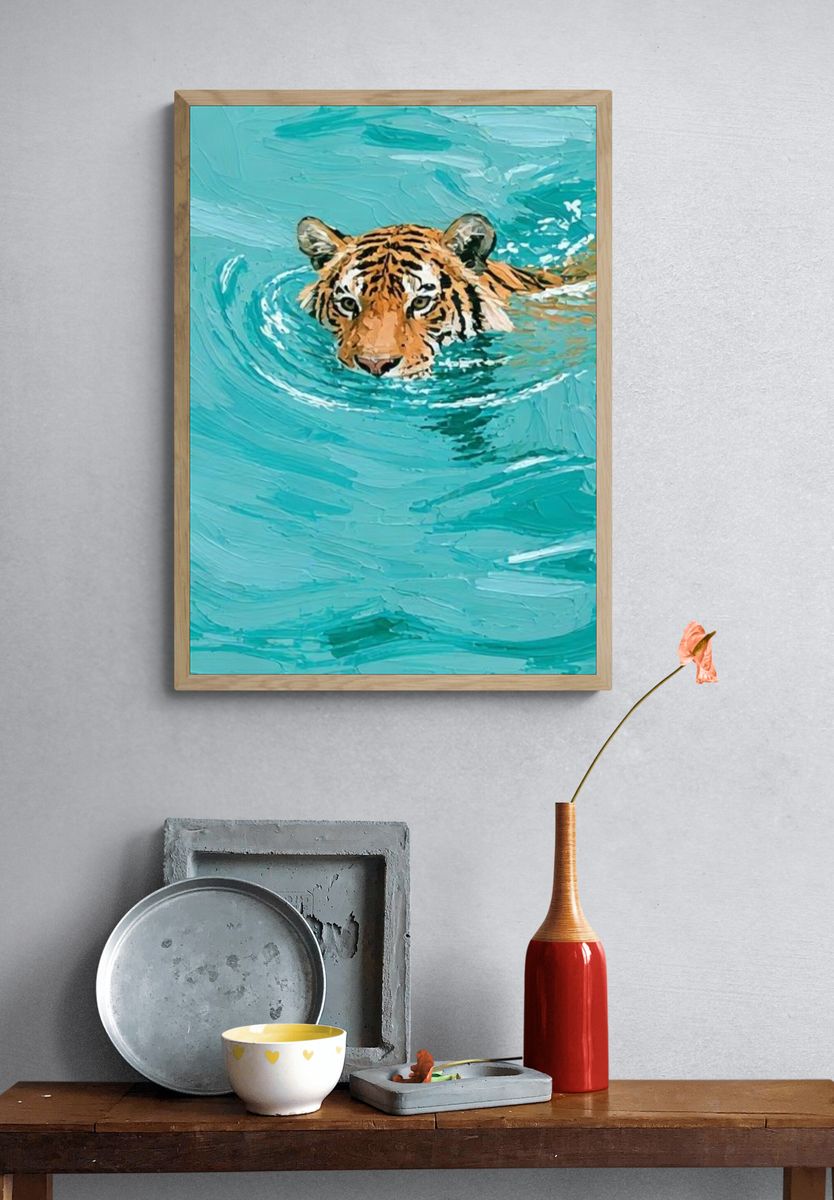 Tiger in Turquoise Water Illustration Poster. — room view 3