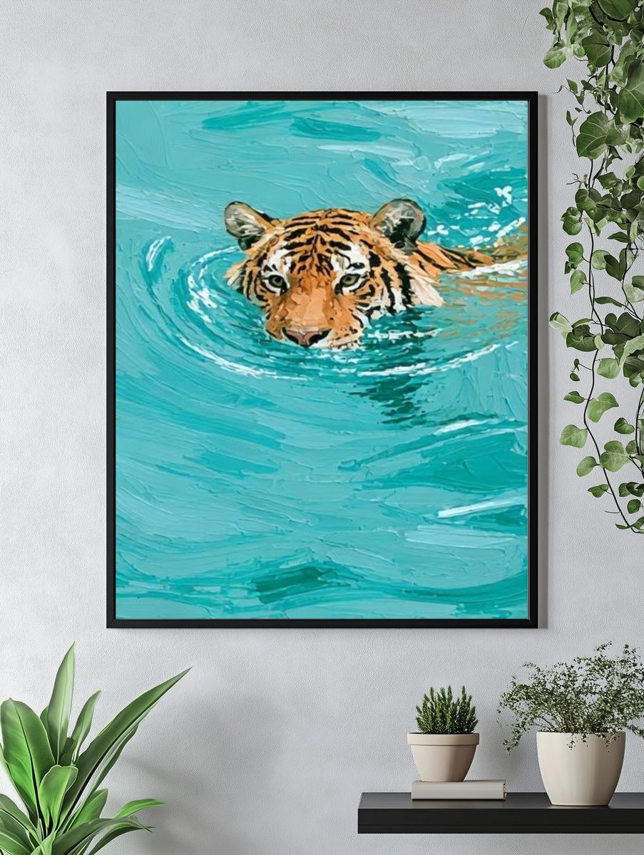 Tiger in Turquoise Water Illustration Poster. — room view 4