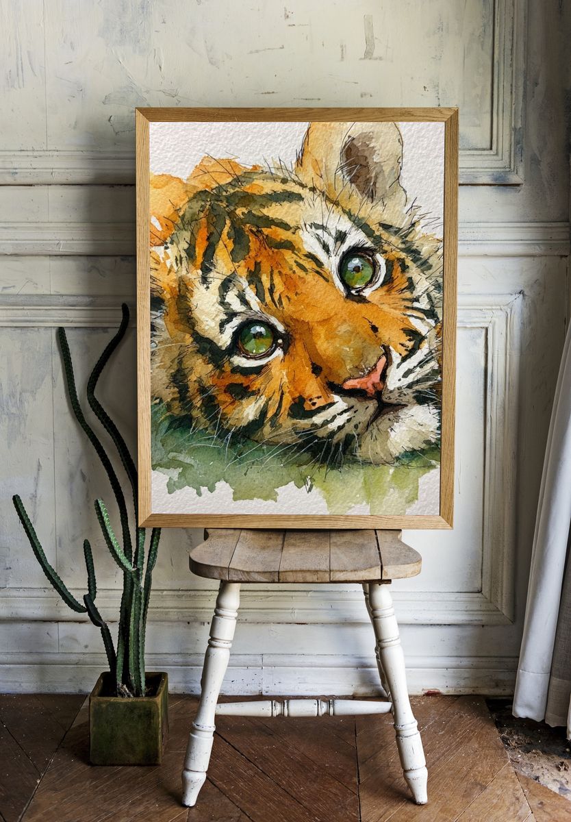 Playful Tiger Cub — Watercolor Print. — room view 1