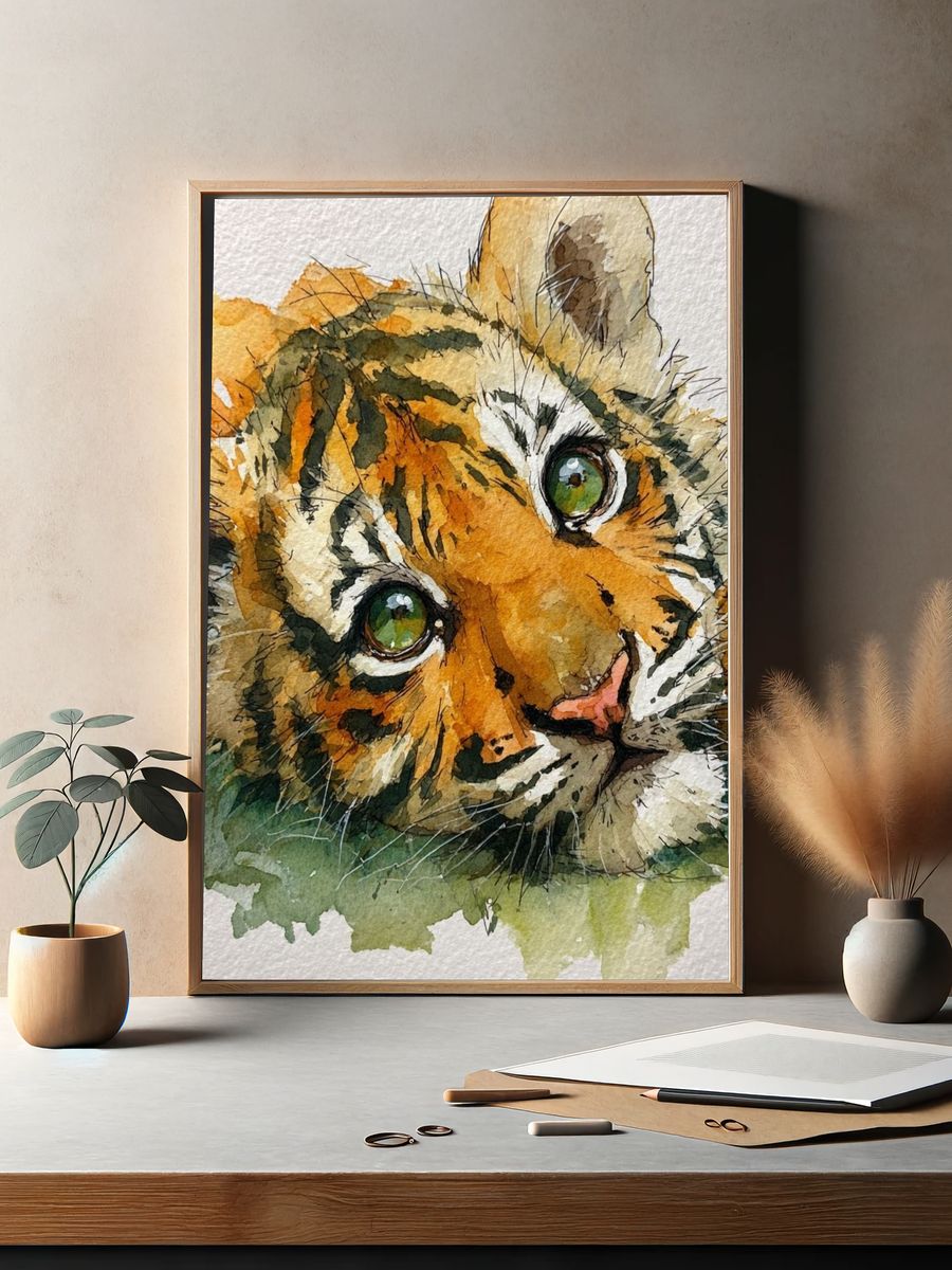 Playful Tiger Cub — Watercolor Print. — room view 2