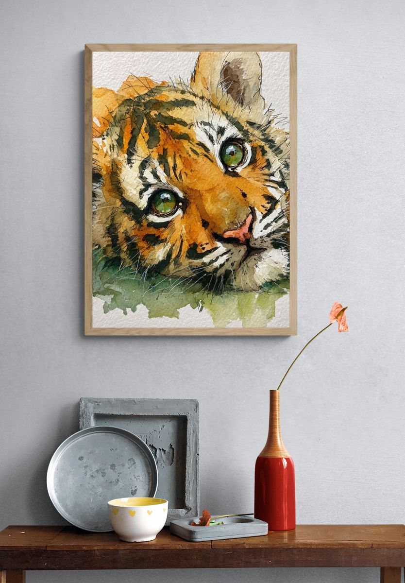 Playful Tiger Cub — Watercolor Print. — room view 3