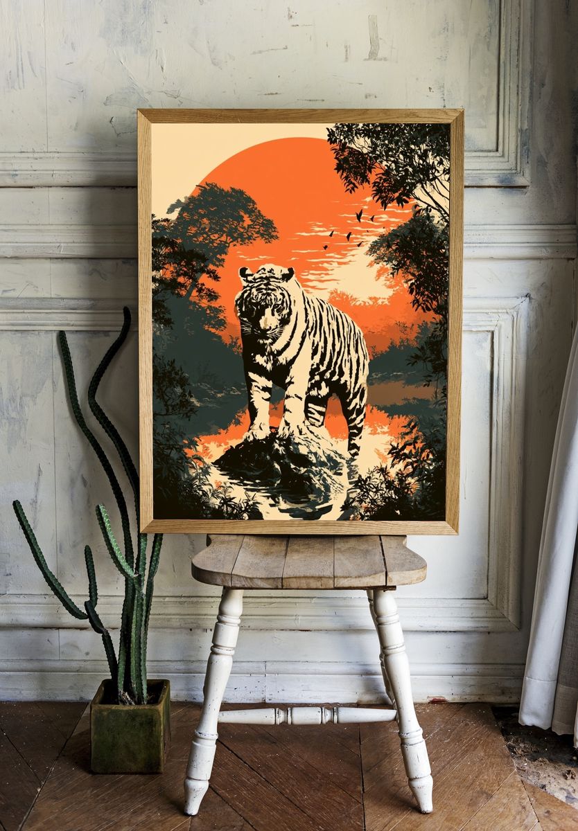 Tiger at Sunset Illustration Poster. room preview