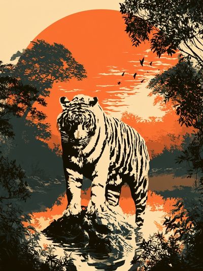 Tiger at Sunset Illustration Poster.