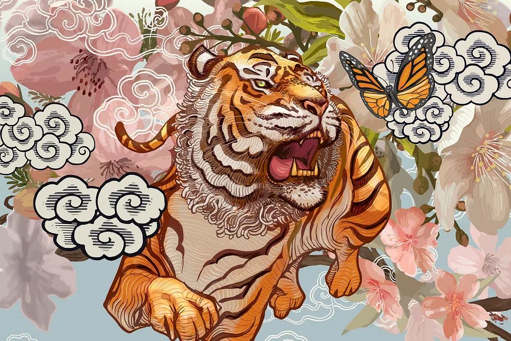 Tiger butterfly amid cherry blossom. poster detail