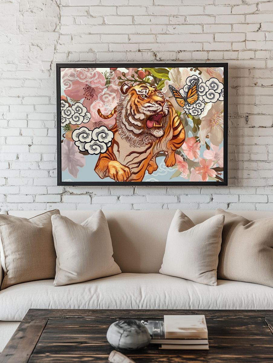 Tiger butterfly amid cherry blossom. — room view 1