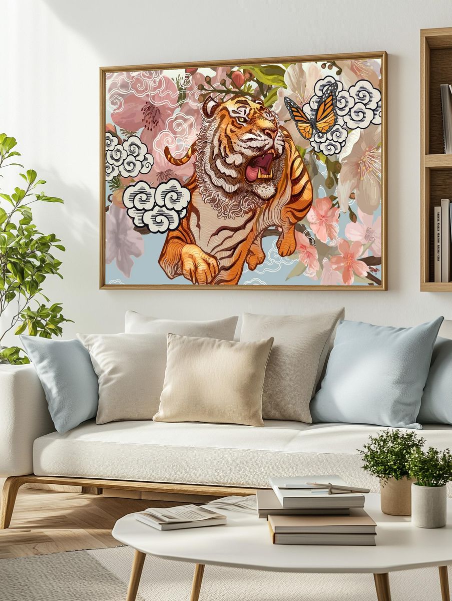Tiger butterfly amid cherry blossom. — room view 2