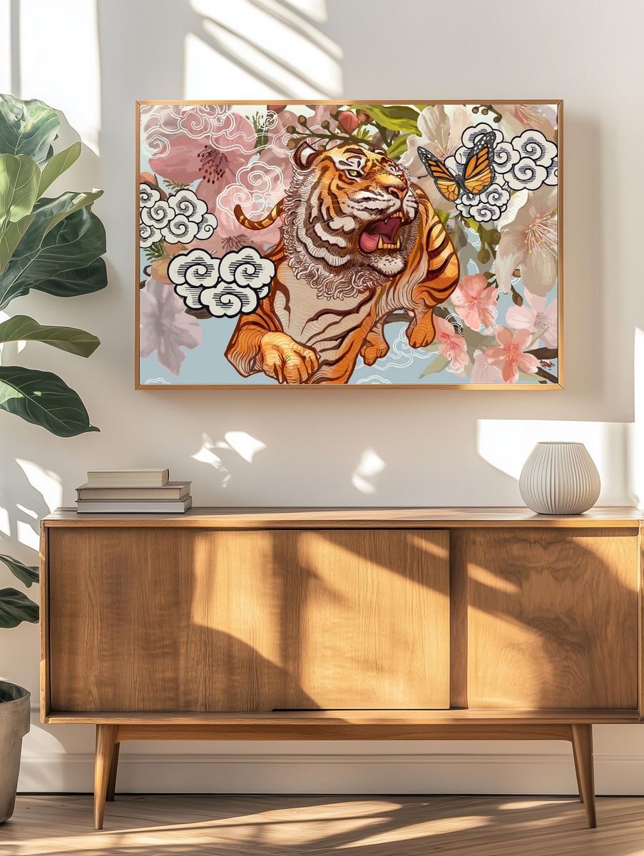 Tiger butterfly amid cherry blossom. — room view 3