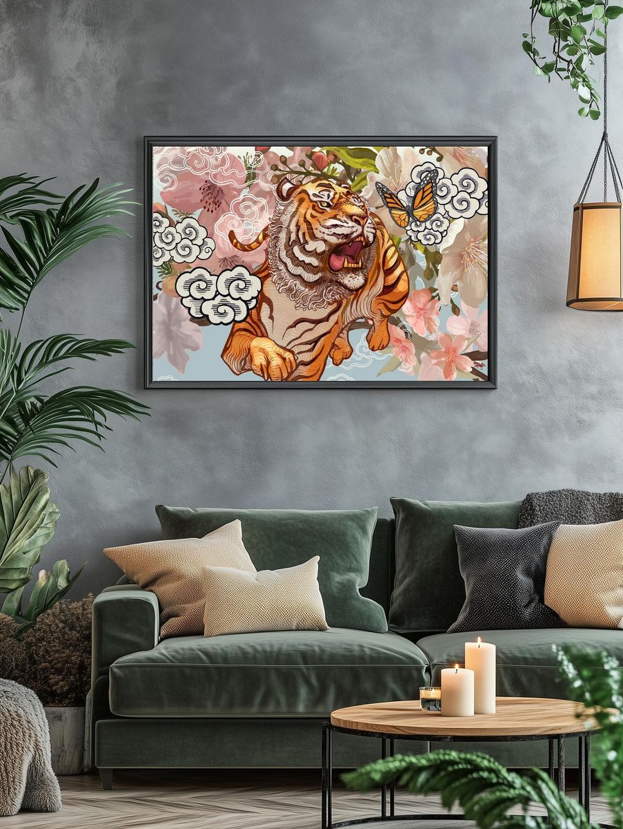 Tiger butterfly amid cherry blossom. — room view 4
